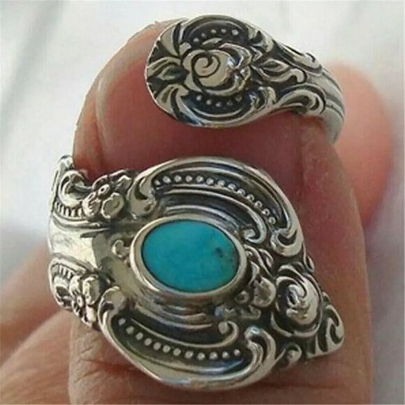 Boho Rose and Flowers with Faux Turquoise Adjustable Spoon Ring #1221 - Picture 12 of 16